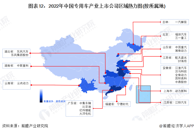 图表12：2022年中国专用车产业上市公司区域热力图(按所属地)